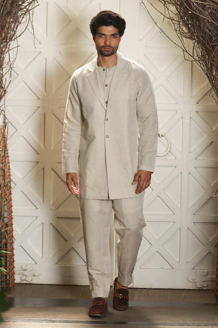 Echke_Beige Linen Jacket Kurta Set _Online_at_Aza_Fashions