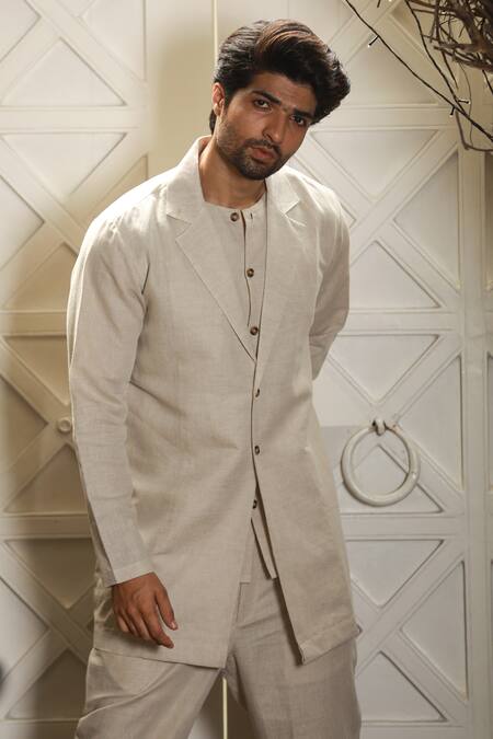 Echke_Beige Linen Jacket Kurta Set _at_Aza_Fashions