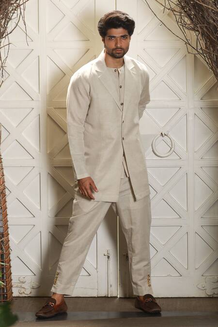 Shop_Echke_Beige Linen Jacket Kurta Set _Online_at_Aza_Fashions