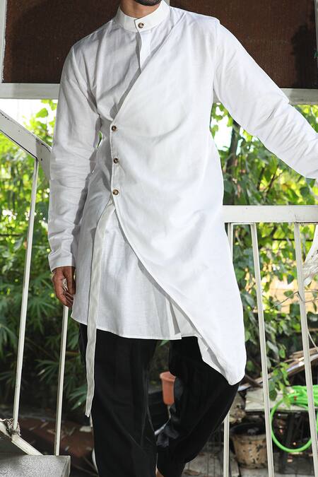 Echke_White Linen Overlap Kurta Set_Online_at_Aza_Fashions