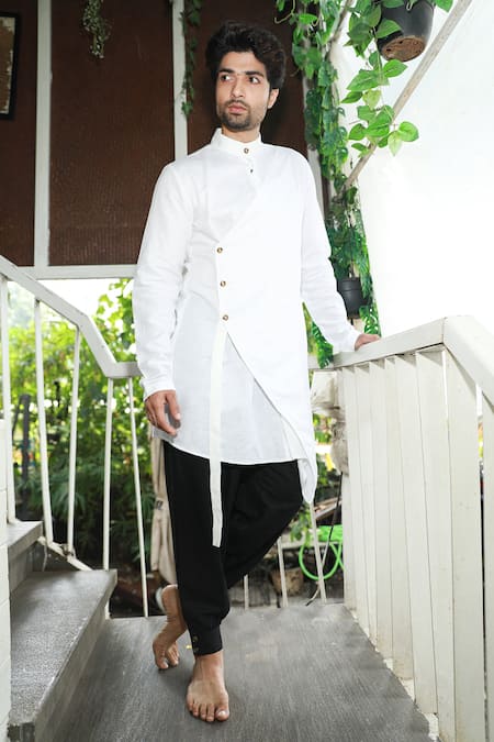 Buy_Echke_White Linen Overlap Kurta Set_Online_at_Aza_Fashions