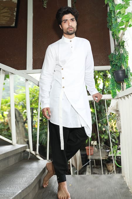 Shop_Echke_White Linen Overlap Kurta Set_Online_at_Aza_Fashions