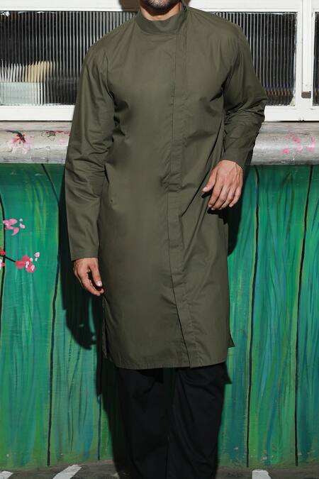 Buy_Echke_Green Cotton Chinese Collar Kurta Set_Online_at_Aza_Fashions