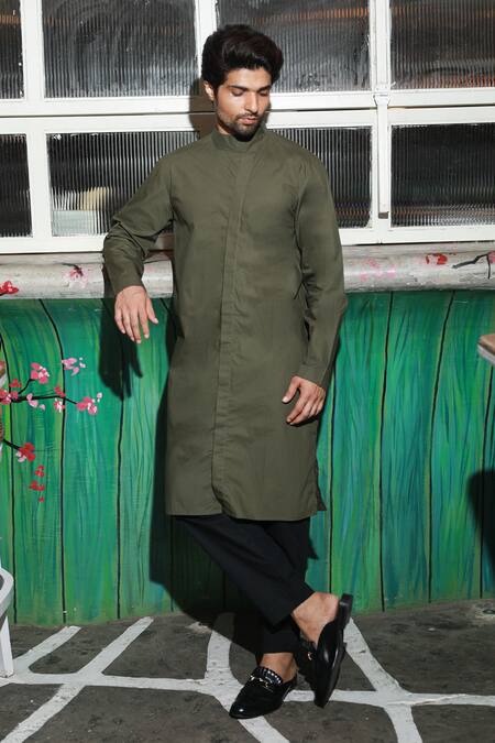 Shop_Echke_Green Cotton Chinese Collar Kurta Set_Online_at_Aza_Fashions