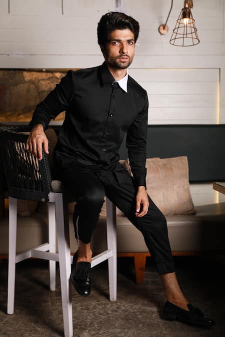 Echke_Black Cotton Colorblock Collar Kurta Set _Online_at_Aza_Fashions