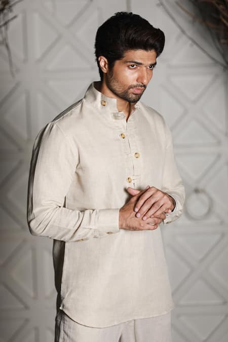 Echke_Beige Linen Short Kurta Set _at_Aza_Fashions