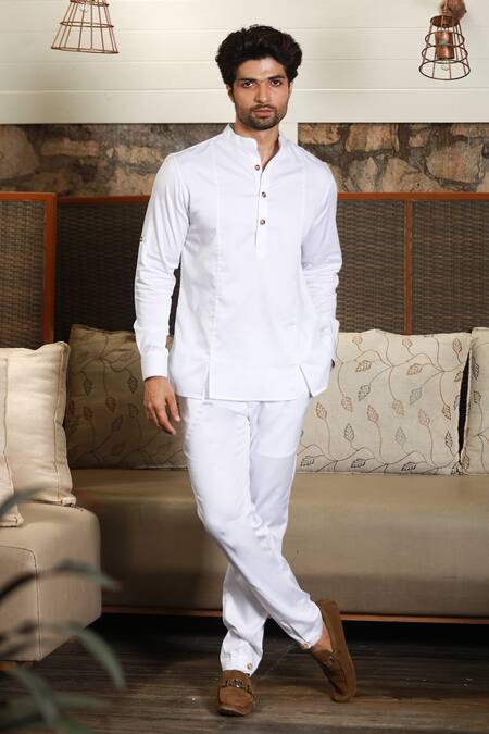 Buy_Echke_White Cotton Panelled Short Kurta Set_Online_at_Aza_Fashions
