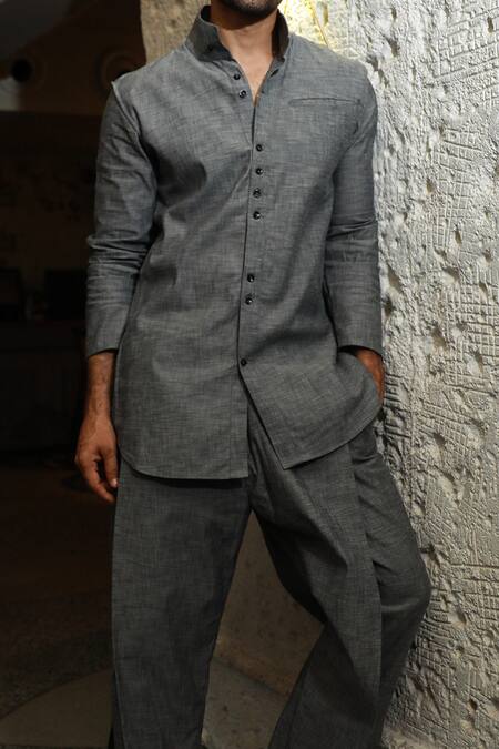 Shop_Echke_Grey Cotton Kurta And Overlap Pant Set _Online_at_Aza_Fashions