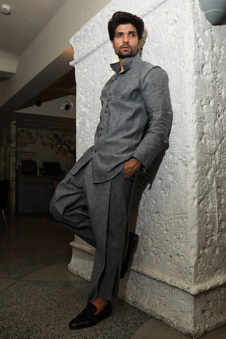 Echke_Grey Cotton Kurta And Overlap Pant Set _at_Aza_Fashions