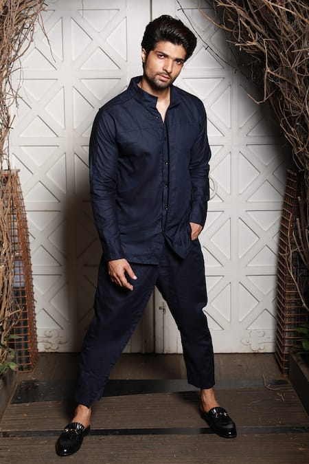 Buy_Echke_Blue Linen Navy Kurta And Pant Set _Online_at_Aza_Fashions