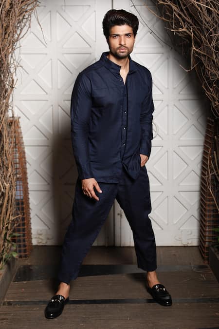 Shop_Echke_Blue Linen Navy Kurta And Pant Set _Online_at_Aza_Fashions