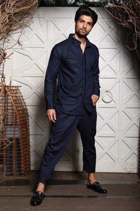 Echke_Blue Linen Navy Kurta And Pant Set _at_Aza_Fashions