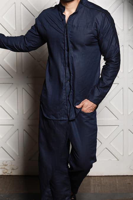 Echke_Blue Linen Navy Kurta And Pant Set _Online_at_Aza_Fashions
