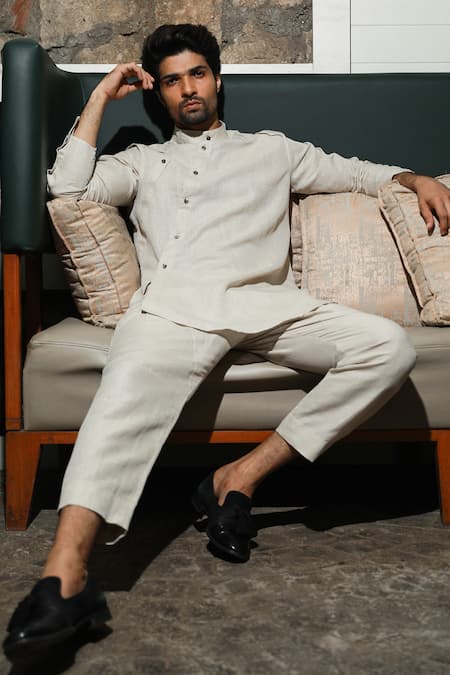 Echke_Beige Linen Plain Diagonal Placket Kurta Set _at_Aza_Fashions