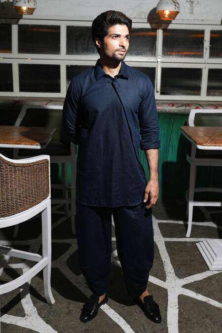 Echke_Blue Linen Kurta And Dhoti Pant Set _Online_at_Aza_Fashions