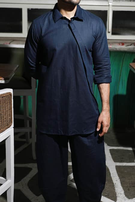 Buy_Echke_Blue Linen Kurta And Dhoti Pant Set _Online_at_Aza_Fashions