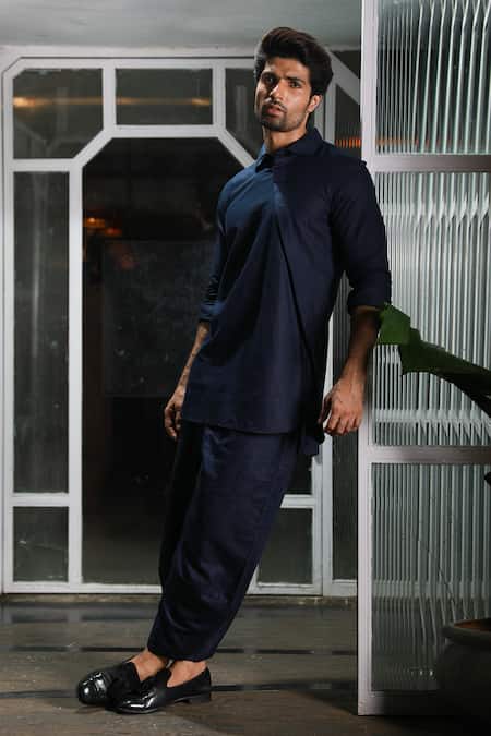 Shop_Echke_Blue Linen Kurta And Dhoti Pant Set _Online_at_Aza_Fashions