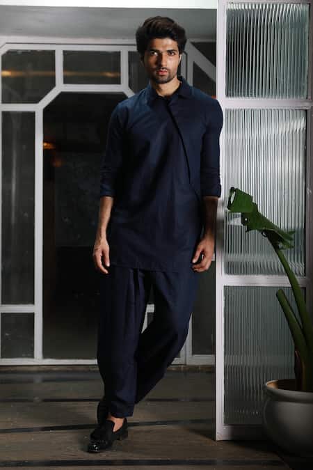 Echke_Blue Linen Kurta And Dhoti Pant Set _at_Aza_Fashions