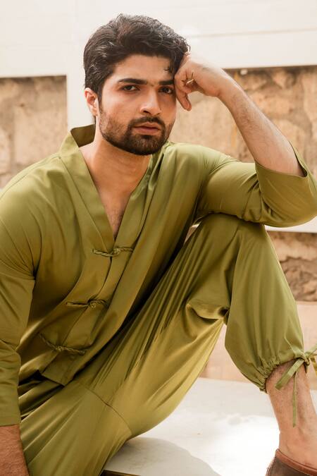 Shop_Echke_Green Linen Layered Kurta Set_Online_at_Aza_Fashions