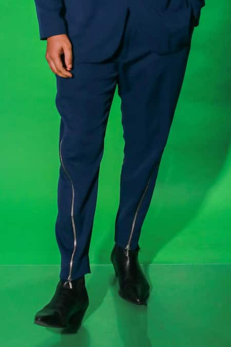 Echke_Blue Cotton Side Zippered Jacket And Pant Set _Online_at_Aza_Fashions