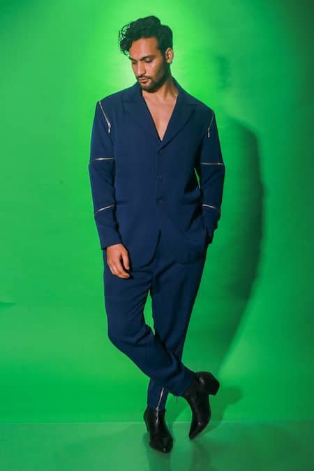 Buy_Echke_Blue Cotton Side Zippered Jacket And Pant Set _Online_at_Aza_Fashions