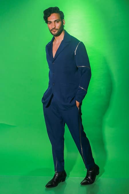 Shop_Echke_Blue Cotton Side Zippered Jacket And Pant Set _Online_at_Aza_Fashions