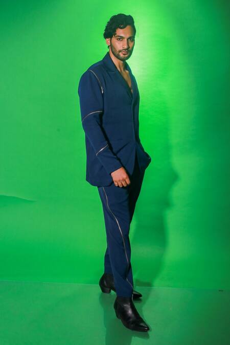 Echke_Blue Cotton Side Zippered Jacket And Pant Set _at_Aza_Fashions