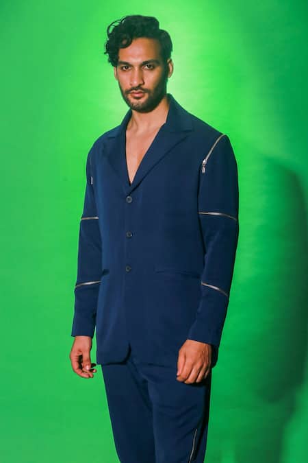 Buy_Echke_Blue Cotton Side Zippered Jacket And Pant Set 