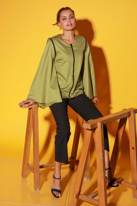 Echke_Green Cotton Round Neck Fitted Zip-up Top _at_Aza_Fashions