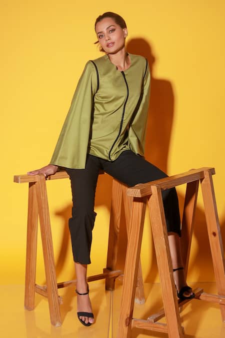 Echke_Green Cotton Round Neck Fitted Zip-up Top _Online_at_Aza_Fashions