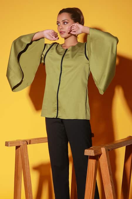 Shop_Echke_Green Cotton Round Neck Fitted Zip-up Top _Online_at_Aza_Fashions