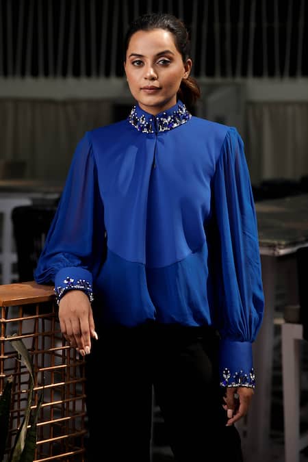 Buy_Echke_Blue Satin Stones Mandarin Collar Embellished Top _Online_at_Aza_Fashions