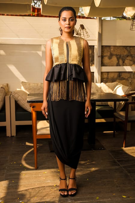 Echke_Black Satin Tassels Round Neck Peplum Jacket Top _Online_at_Aza_Fashions