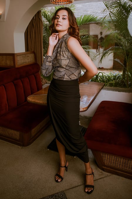 Buy_Echke_Black Satin Asymmetric One Sleeve Top _Online_at_Aza_Fashions