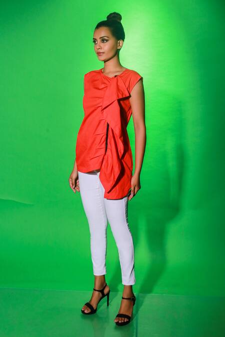 Echke Coral Cotton Round Neck Side Drape Top at Aza Fashions Echke_Coral Cotton Round Neck Side Drape Top_at_Aza_Fashions