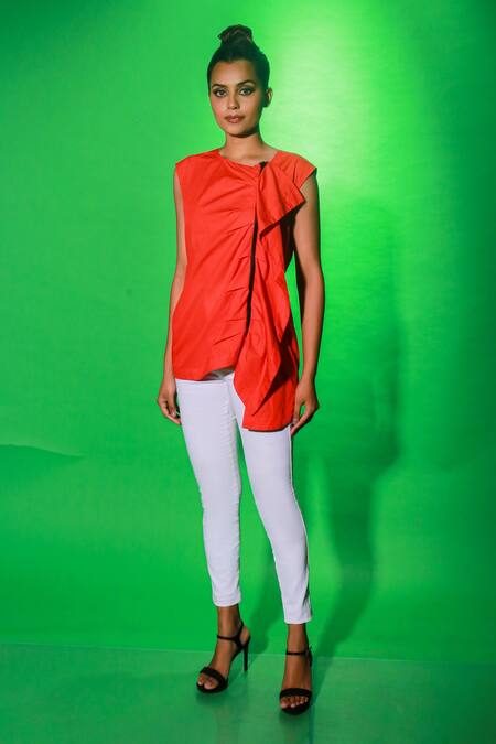 Echke Coral Cotton Round Neck Side Drape Top Online at Aza Fashions Echke_Coral Cotton Round Neck Side Drape Top_Online_at_Aza_Fashions