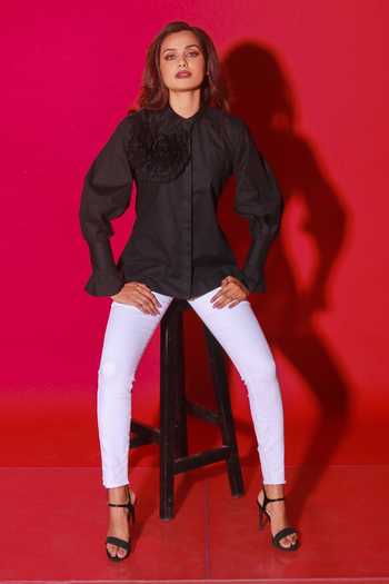 Echke_Black Cotton Applique Mandarin Collar Floral Shirt _Online_at_Aza_Fashions