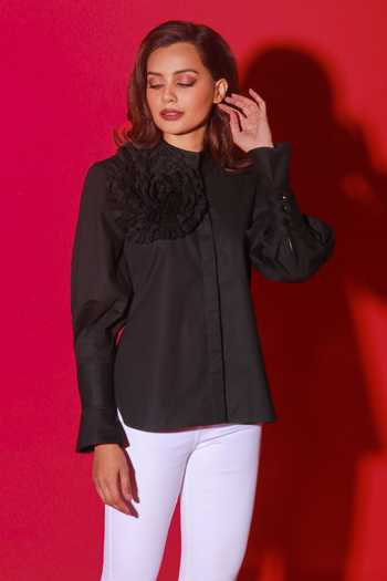 Buy_Echke_Black Cotton Applique Mandarin Collar Floral Shirt _Online_at_Aza_Fashions