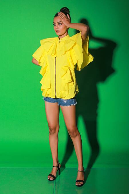 Echke_Yellow Poplin Mandarin Collar Ruffled Zip Up Top _Online_at_Aza_Fashions