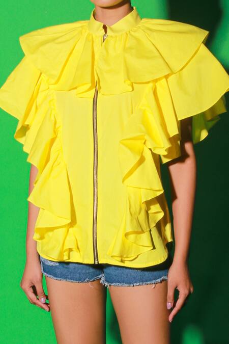 Shop_Echke_Yellow Poplin Mandarin Collar Ruffled Zip Up Top _Online_at_Aza_Fashions