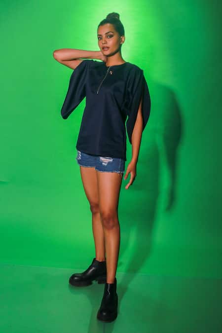 Buy_Echke_Yellow Poplin Mandarin Collar Ruffled Zip Up Top _Online_at_Aza_Fashions