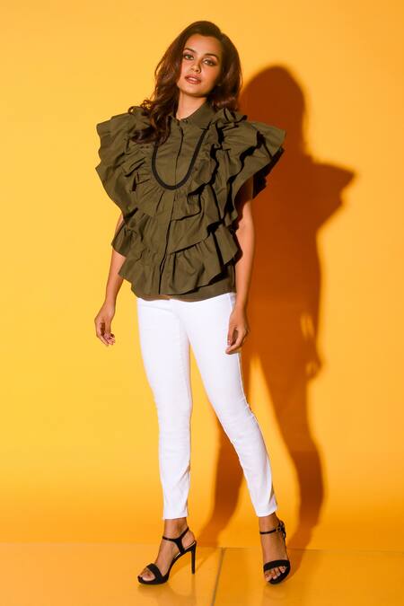 Echke Green Cotton Shawl Neck Layered Ruffled Shirt Online at Aza Fashions Echke_Green Cotton Shawl Neck Layered Ruffled Shirt _Online_at_Aza_Fashions