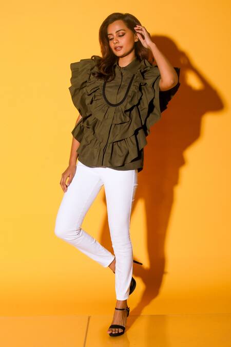 Buy Echke Green Cotton Shawl Neck Layered Ruffled Shirt Online at Aza Fashions Buy_Echke_Green Cotton Shawl Neck Layered Ruffled Shirt _Online_at_Aza_Fashions