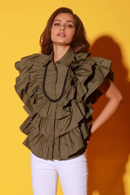 Shop Echke Green Cotton Shawl Neck Layered Ruffled Shirt Online at Aza Fashions Shop_Echke_Green Cotton Shawl Neck Layered Ruffled Shirt _Online_at_Aza_Fashions