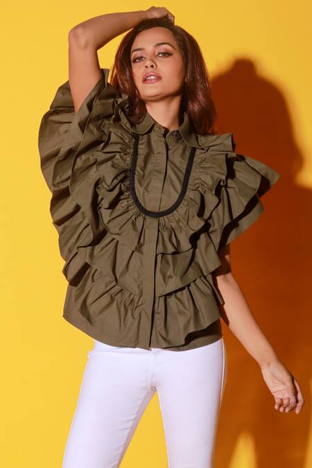 Echke Green Cotton Shawl Neck Layered Ruffled Shirt at Aza Fashions Echke_Green Cotton Shawl Neck Layered Ruffled Shirt _at_Aza_Fashions