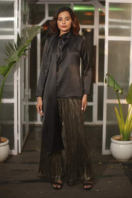 Echke_Black Polyester Shawl Neck Top And Pleated Pant Set _Online_at_Aza_Fashions