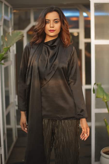 Buy_Echke_Black Polyester Shawl Neck Top And Pleated Pant Set _Online_at_Aza_Fashions