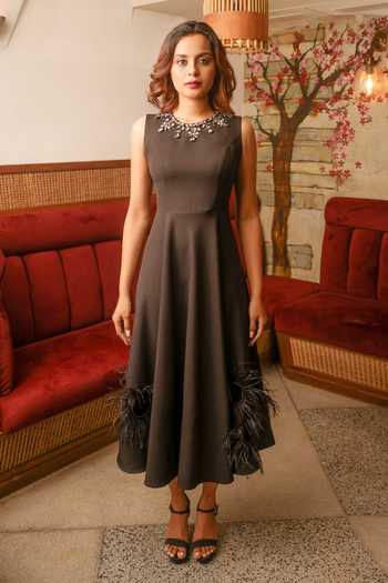 Echke Black Embroidery, Feathers Round Neck Detail Dress Online at Aza Fashions Echke_Black Embroidery, Feathers Round Neck Detail Dress _Online_at_Aza_Fashions