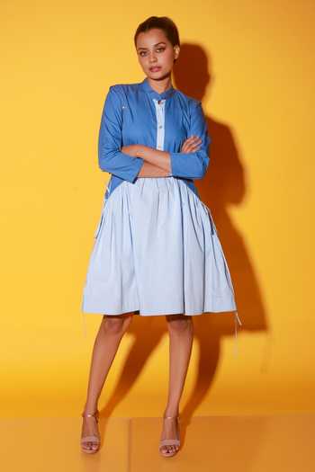 Shop_Echke_Blue Poplin Mandarin Collar Colour Block Short Dress _Online_at_Aza_Fashions