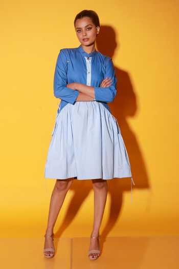 Echke_Blue Poplin Mandarin Collar Colour Block Short Dress _Online_at_Aza_Fashions
